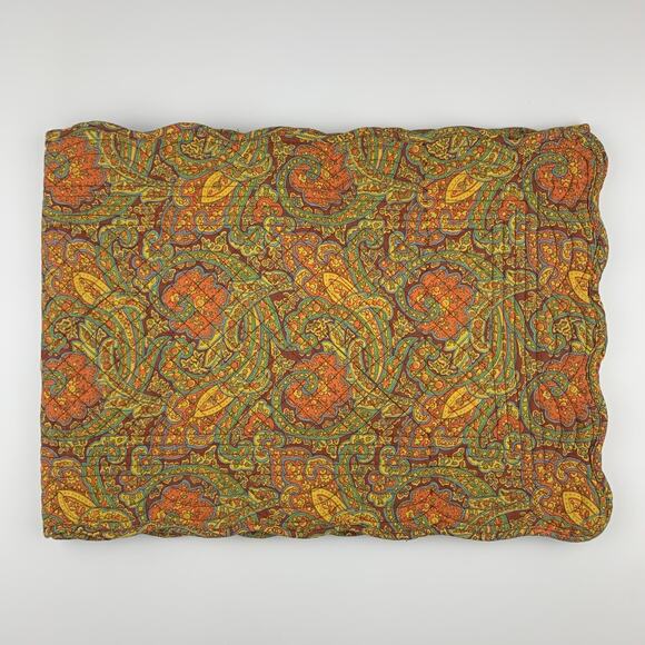 Laura Ashley Table Runner Quilted Paisley Green Orange Scalloped Edge - Picture 1 of 6